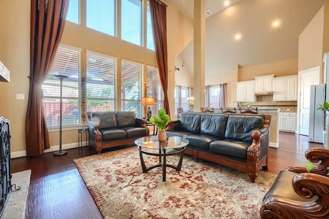 living room featuring a towering ceiling and dark hardwood / wood-style flooring