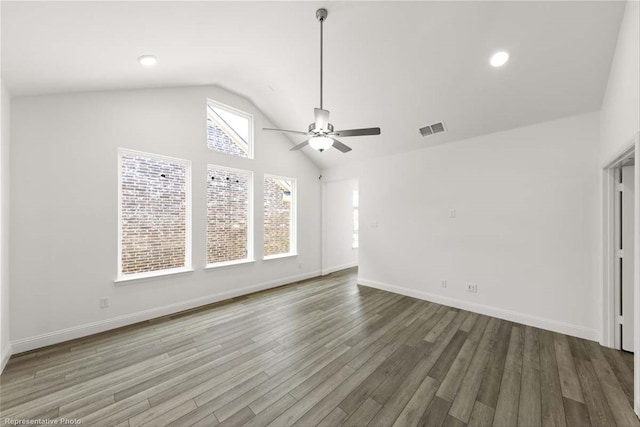 unfurnished living room with dark hardwood / wood-style floors, ceiling fan, and lofted ceiling