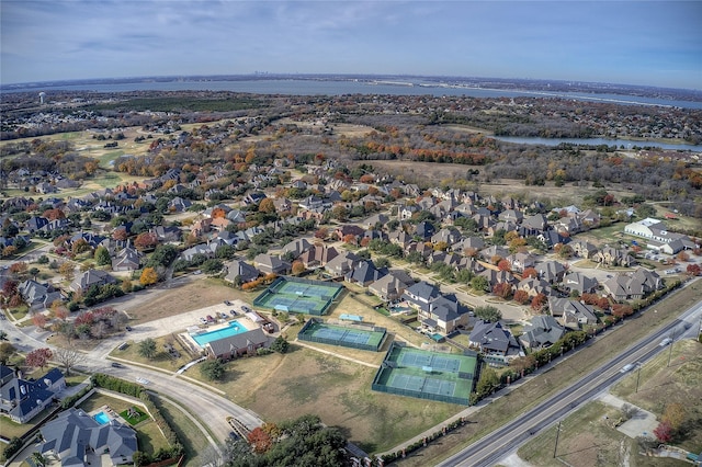 aerial view featuring a water view and a residential view