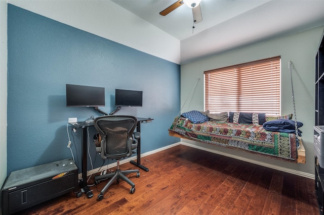 office area featuring wood-type flooring, lofted ceiling, and ceiling fan