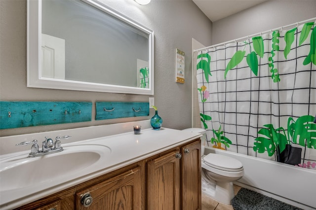 full bathroom with shower / bathtub combination with curtain, vanity, and toilet