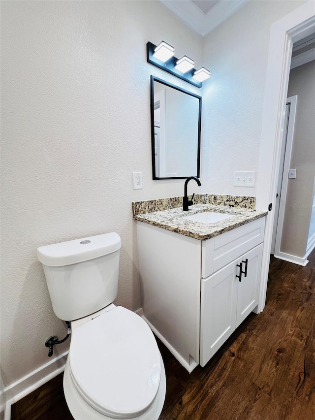 bathroom with vanity, wood-type flooring, and toilet