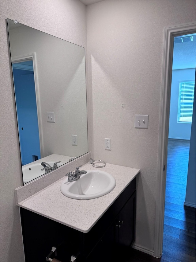 bathroom featuring vanity and hardwood / wood-style floors