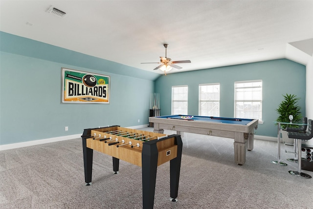 rec room featuring lofted ceiling, light carpet, ceiling fan, and billiards