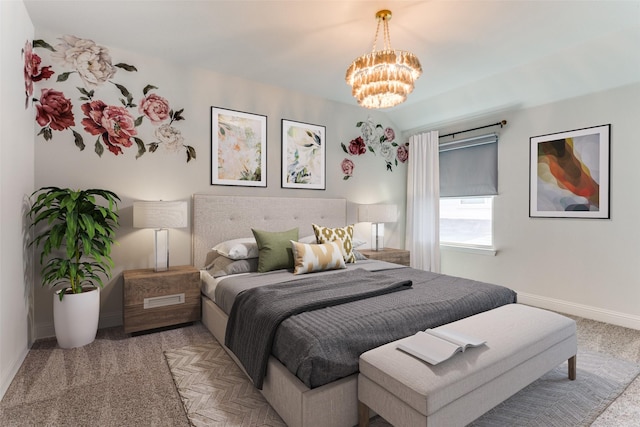 carpeted bedroom with an inviting chandelier