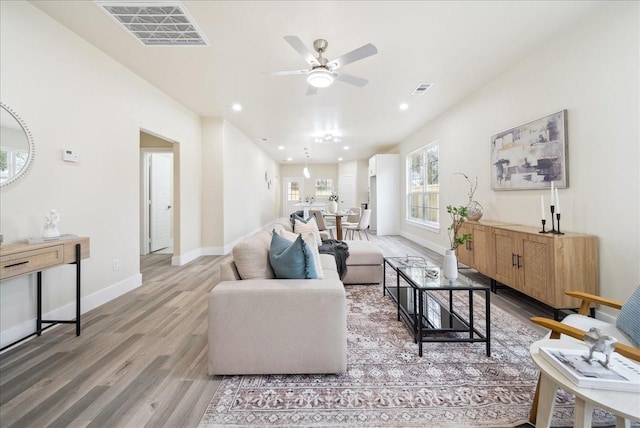 living room with ceiling fan and wood-type flooring