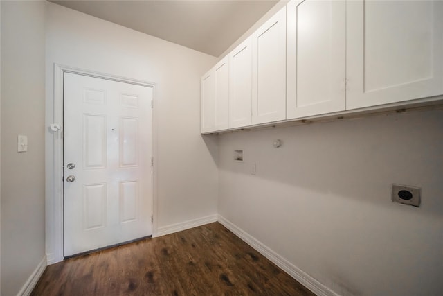 laundry room with cabinets, hookup for a washing machine, dark wood-type flooring, and hookup for an electric dryer