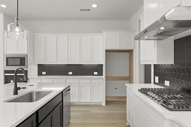 kitchen featuring tasteful backsplash, ventilation hood, stainless steel appliances, sink, and pendant lighting