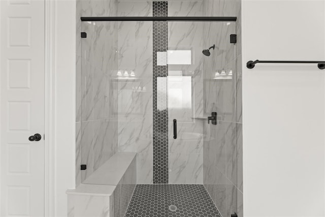 bathroom featuring a shower with shower door