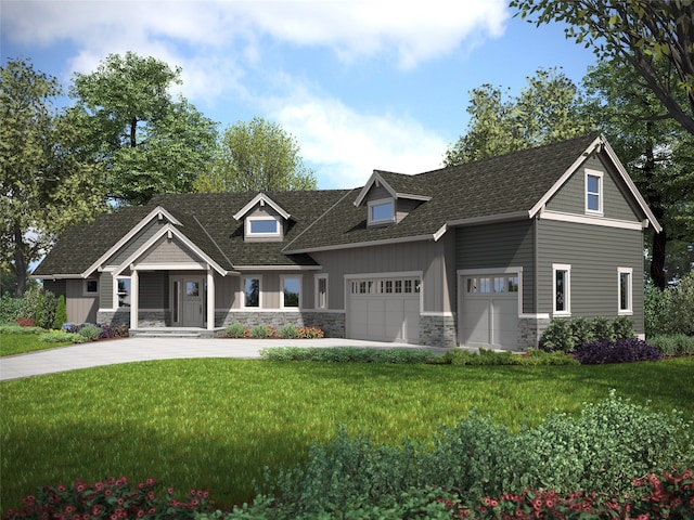 craftsman-style home with a garage and a front lawn