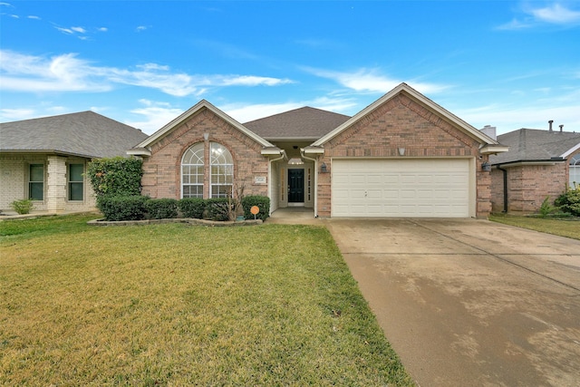 view of front of property with a front yard and a garage