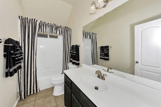 full bathroom with vanity, vaulted ceiling, tile patterned flooring, toilet, and shower / bathtub combination with curtain