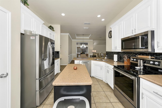 kitchen featuring backsplash, kitchen peninsula, sink, appliances with stainless steel finishes, and white cabinetry