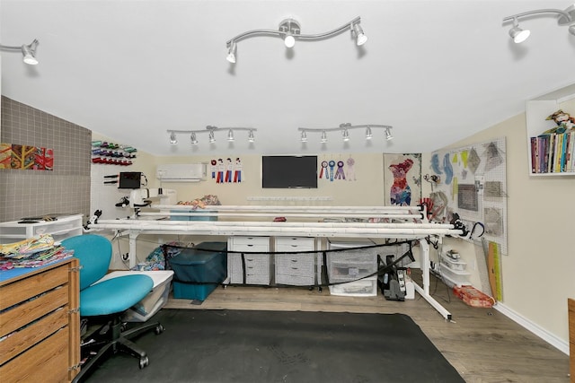 office area with lofted ceiling and dark wood-type flooring