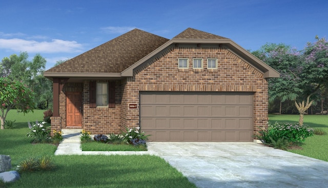 front facade featuring a garage and a front yard