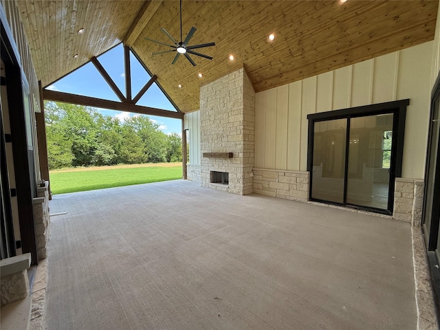 325 Ryker Ln, Gunter, TX 75058 - view of patio featuring an outdoor stone fireplace and a ceiling fan