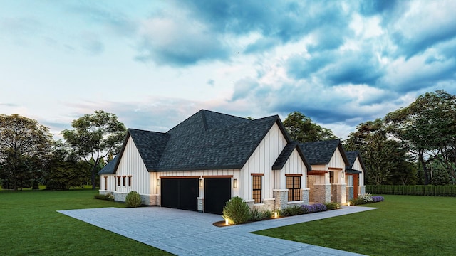 view of front facade with driveway, a garage, stone siding, roof with shingles, and board and batten siding