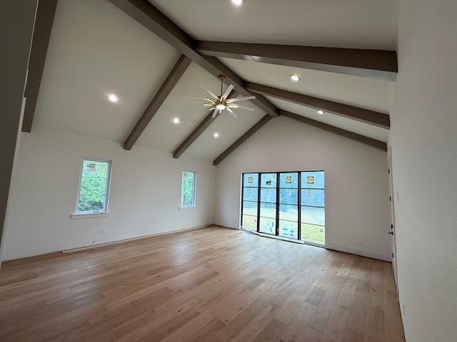 325 Ryker Ln, Gunter, TX 75058 - empty room featuring beamed ceiling, recessed lighting, light wood-style flooring, a ceiling fan, and high vaulted ceiling
