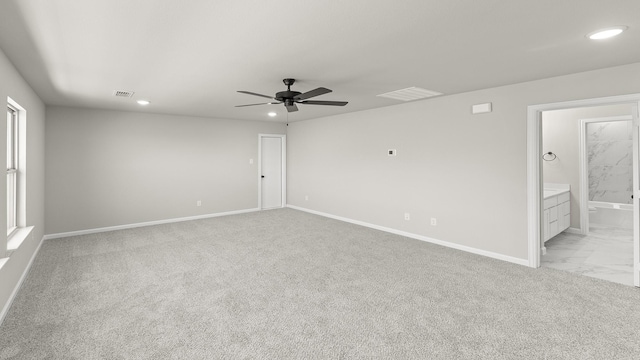 spare room featuring visible vents, baseboards, ceiling fan, recessed lighting, and light carpet
