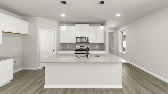 kitchen featuring baseboards, backsplash, stainless steel appliances, a sink, and wood finished floors
