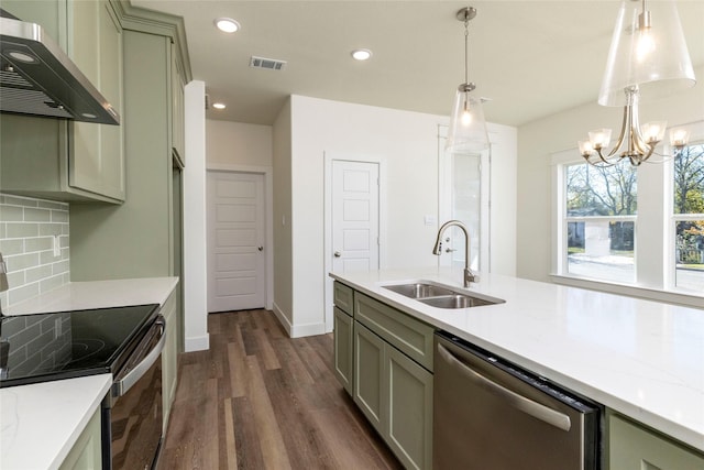 kitchen with wall chimney range hood, sink, stainless steel dishwasher, electric range, and dark hardwood / wood-style flooring