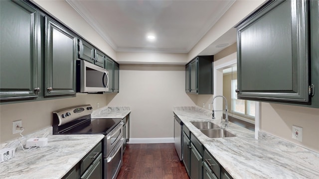 kitchen featuring sink, light stone countertops, ornamental molding, dark hardwood / wood-style flooring, and stainless steel appliances