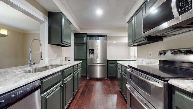 kitchen featuring light stone countertops, ornamental molding, stainless steel appliances, dark wood-type flooring, and sink