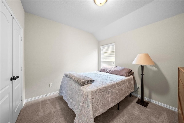 carpeted bedroom featuring lofted ceiling and a closet