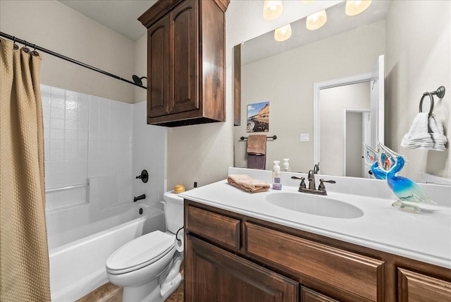 full bathroom with vanity, toilet, and shower / tub combo with curtain