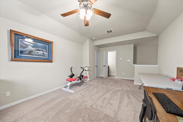 workout area featuring light carpet, ceiling fan, and lofted ceiling