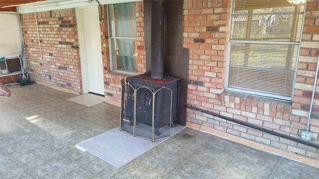 interior details featuring a wood stove