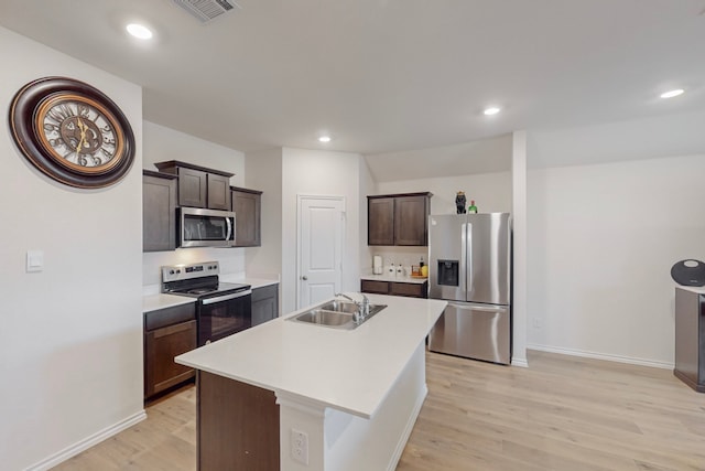 kitchen with a center island with sink, sink, light wood-type flooring, dark brown cabinetry, and stainless steel appliances