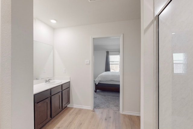 bathroom with hardwood / wood-style flooring and vanity