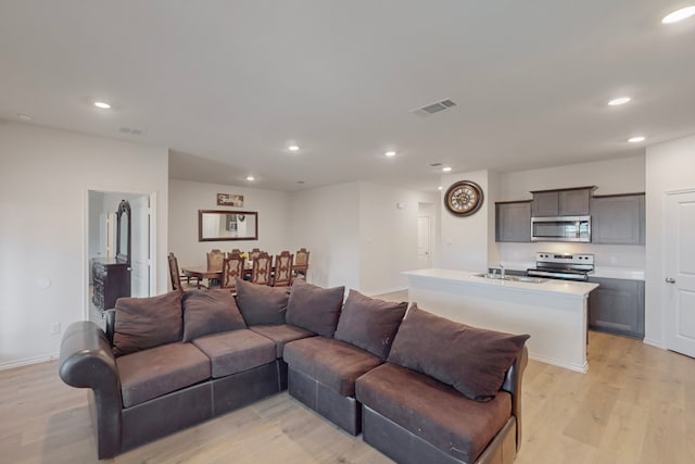 living room featuring sink and light hardwood / wood-style flooring