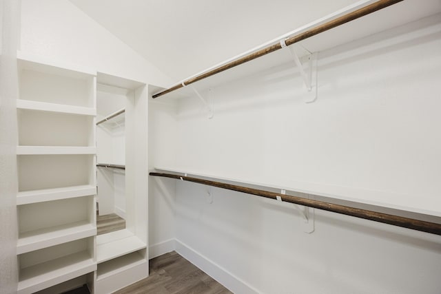 walk in closet with vaulted ceiling and wood finished floors