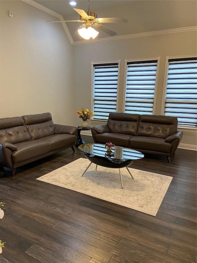 living room with ceiling fan, crown molding, and dark wood-type flooring