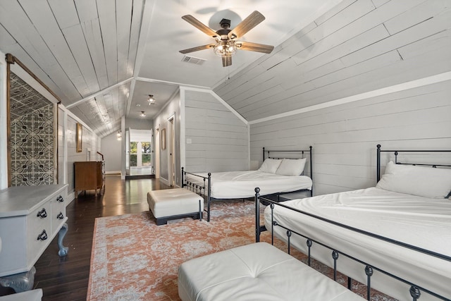 bedroom with wood walls, wood ceiling, vaulted ceiling, dark hardwood / wood-style floors, and ceiling fan