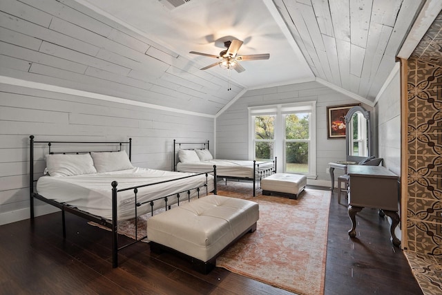 bedroom featuring ceiling fan, wooden ceiling, dark hardwood / wood-style flooring, lofted ceiling, and wooden walls