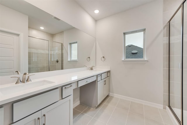 bathroom featuring vanity, tile patterned floors, a shower with door, and a healthy amount of sunlight