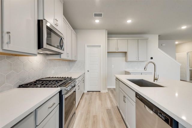 kitchen with white cabinetry, sink, stainless steel appliances, light hardwood / wood-style flooring, and backsplash