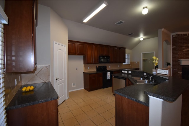 kitchen with sink, light tile patterned floors, tasteful backsplash, black appliances, and vaulted ceiling