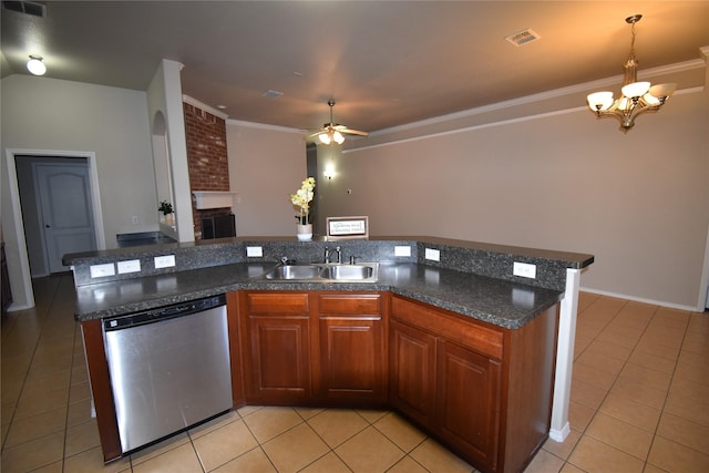 kitchen featuring dishwasher, sink, light tile patterned floors, and ornamental molding