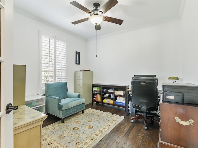 office space with ornamental molding, ceiling fan, and dark wood-type flooring