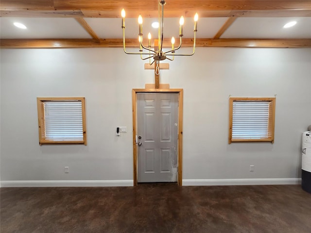 foyer entrance with water heater, dark carpet, beam ceiling, and baseboards