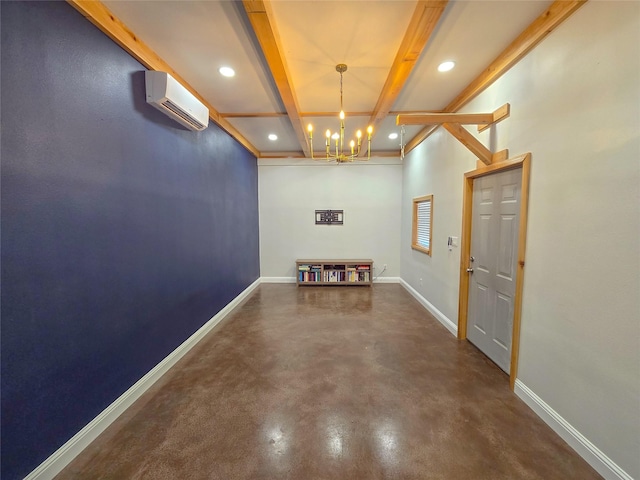 interior space featuring recessed lighting, baseboards, a wall mounted AC, beamed ceiling, and finished concrete floors