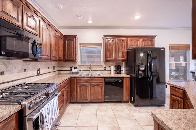 kitchen with backsplash, black appliances, crown molding, sink, and light tile patterned flooring