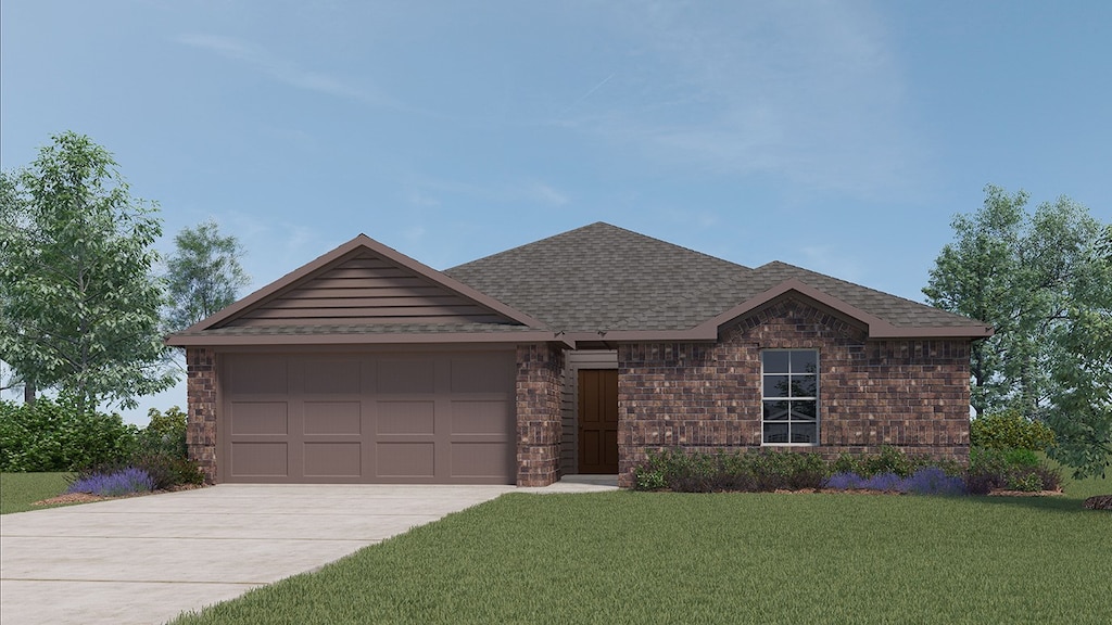 ranch-style house featuring a garage and a front yard