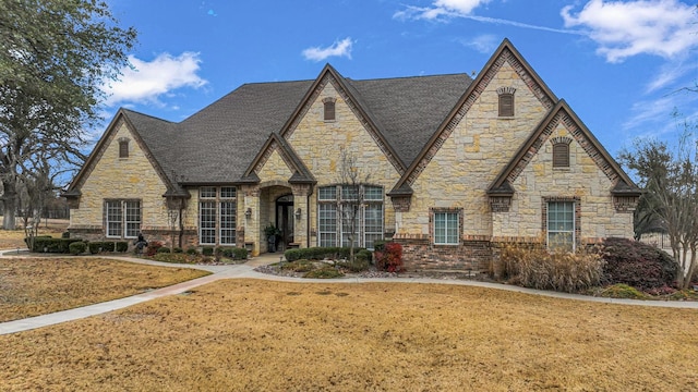 tudor-style house featuring a front lawn