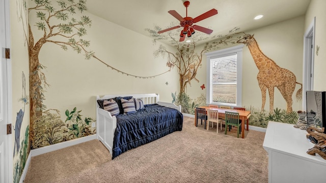 carpeted bedroom featuring ceiling fan