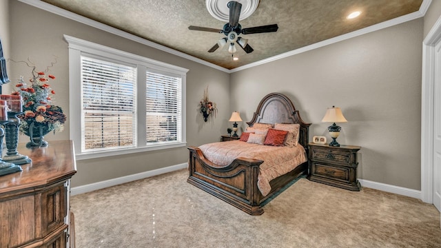 bedroom featuring crown molding, light carpet, and ceiling fan